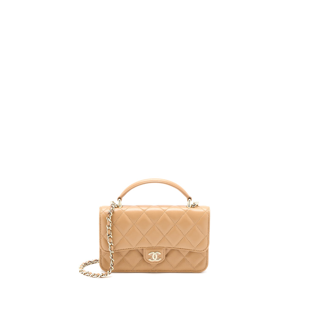 CHANEL TOP HANDLE MINI FLAP BAG WITH CHAIN LAMBSKIN CARAMEL LGHW (MICROCHIP)