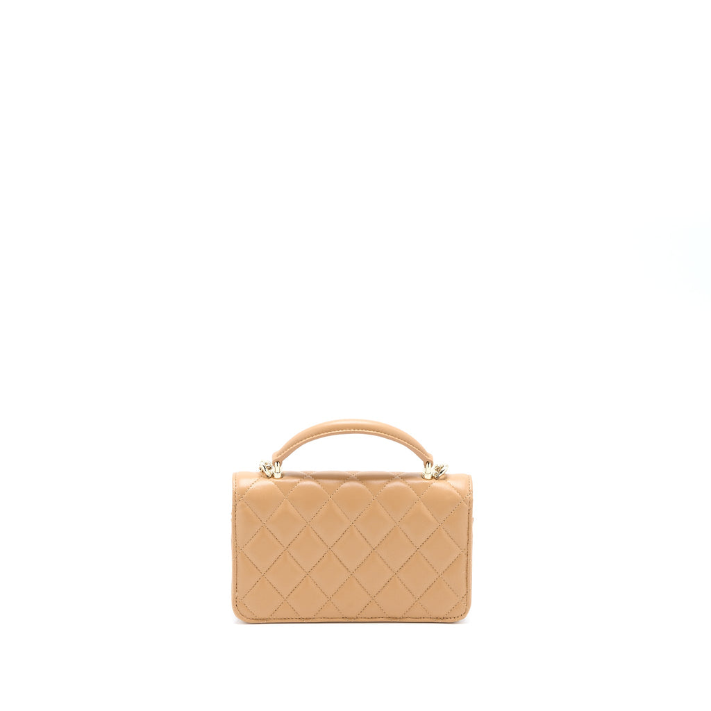 CHANEL TOP HANDLE MINI FLAP BAG WITH CHAIN LAMBSKIN CARAMEL LGHW (MICROCHIP)