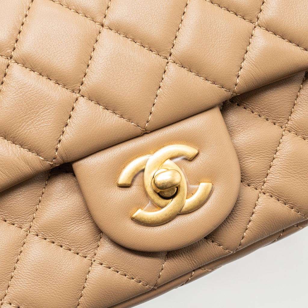 CHANEL 22B PEARL CRUSH MINI RECTANGULAR FLAP BAG LAMBSKIN DARK BEIGE GHW (MICROCHIP)