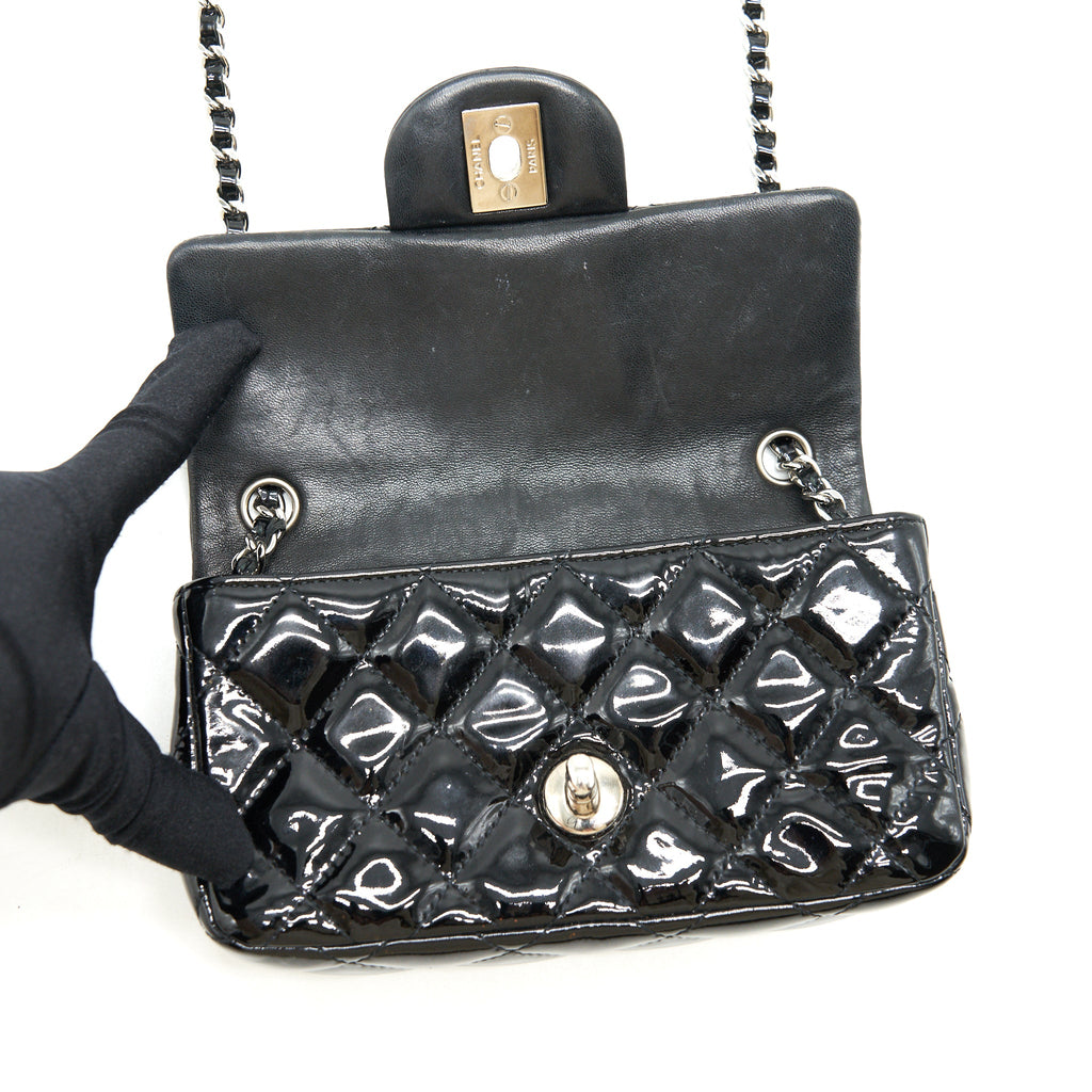 CHANEL SUPER MINI RECTANGULAR FLAP BAG PATENT BLACK SHW