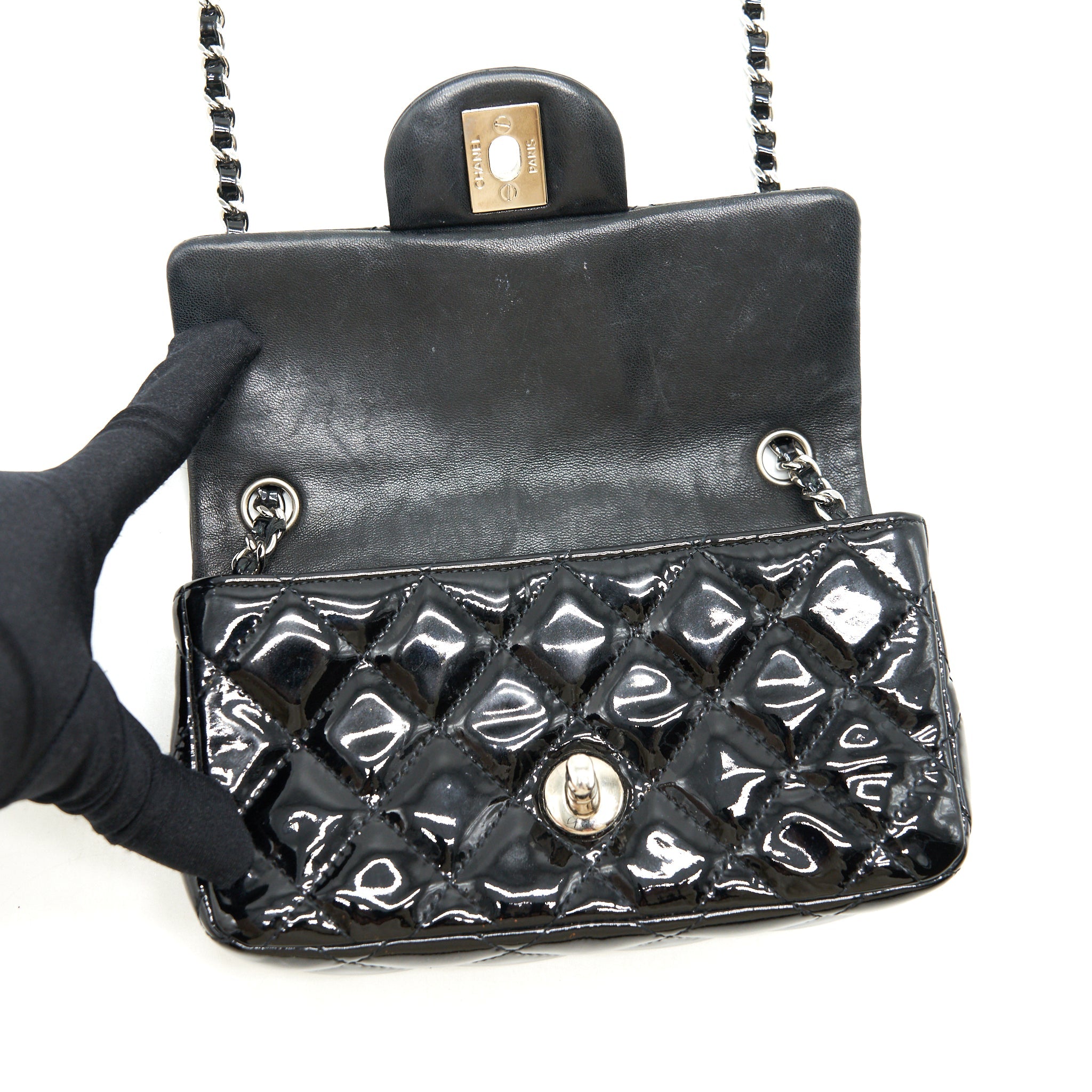 CHANEL SUPER MINI RECTANGULAR FLAP BAG PATENT BLACK SHW