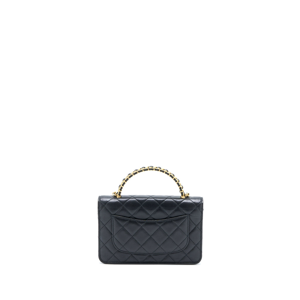 CHANEL DETAILED TOP HANDLE WALLET ON CHAIN LAMBSKIN BLACK BRUSHED GHW (MICROCHIP)