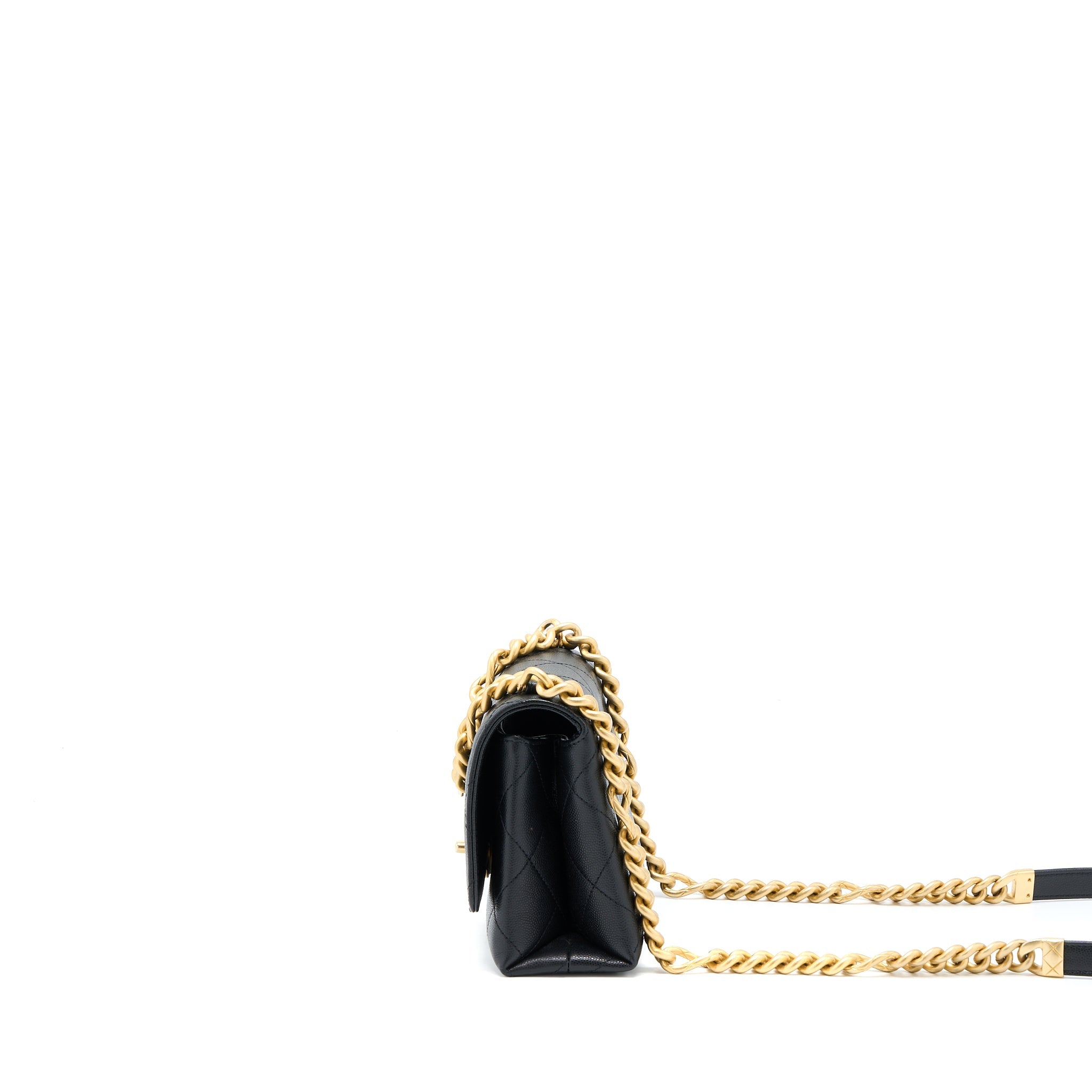 CHANEL DETAIL CHAIN FLAP BAG GRAINED CALFSKIN BLACK GHW (MICROCHIP)