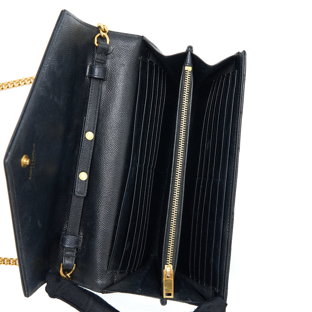 SAINT LAURENT/YSL CASSANDRA MATELASSE ENVELOPE CHAIN WALLET GRAINED CALFSKIN BLACK GHW