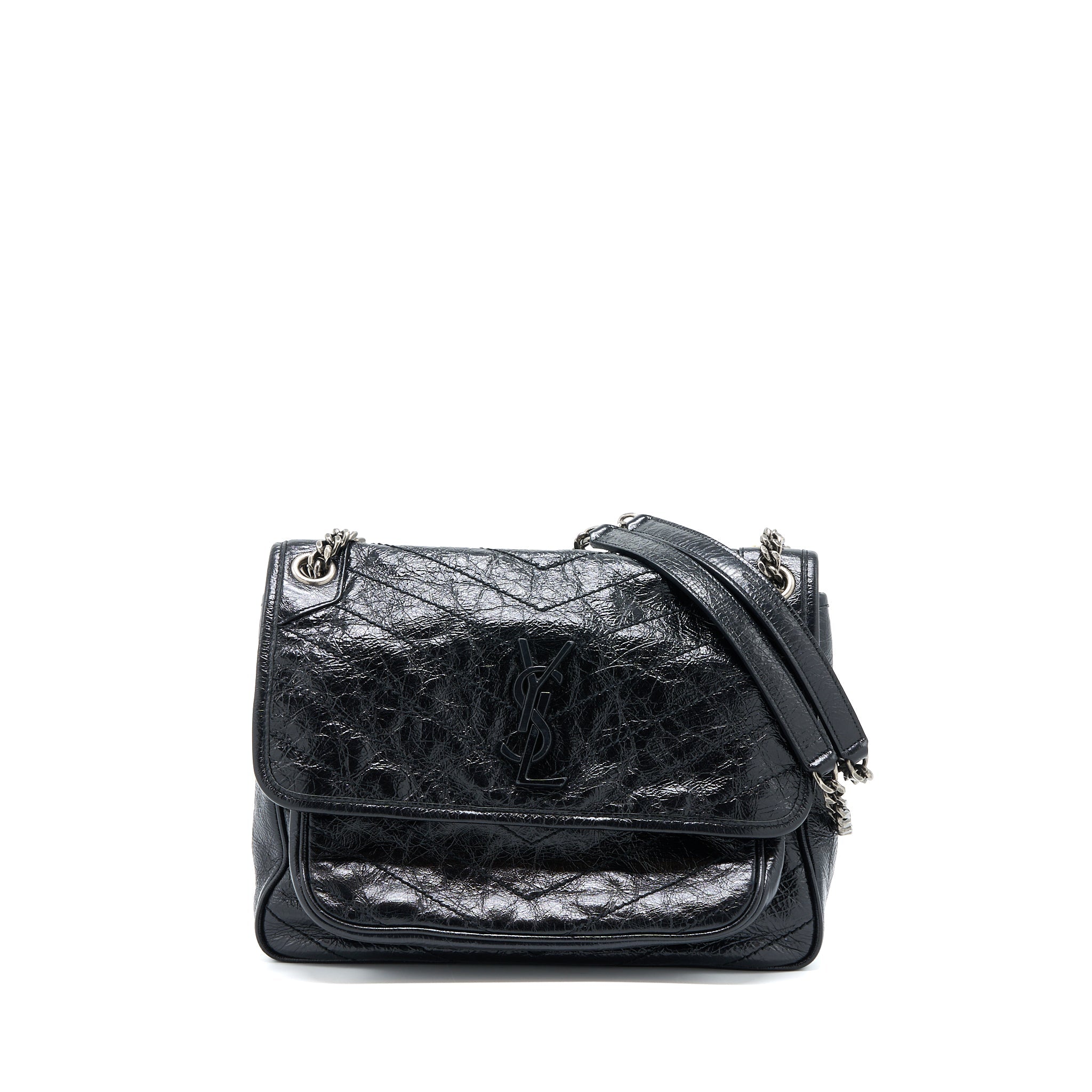 SAINT LAURENT NIKI AGED CALFSKIN BLACK WITH BLACK AND RUTHENIUM HARDWARE