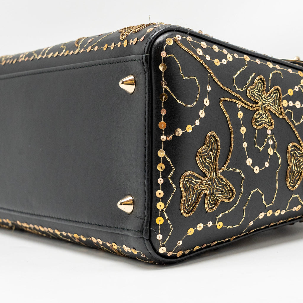 DIOR MEDIUM LADY DIOR EMBROIDERED FLORAL LIMITED EDITION LEATHER BLACK/GOLD GHW