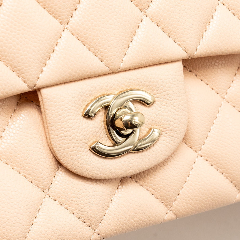 CHANEL MEDIUM CLASSIC DOUBLE FLAP BAG CAVIAR LIGHT BEIGE LGHW (MICROCHIP)