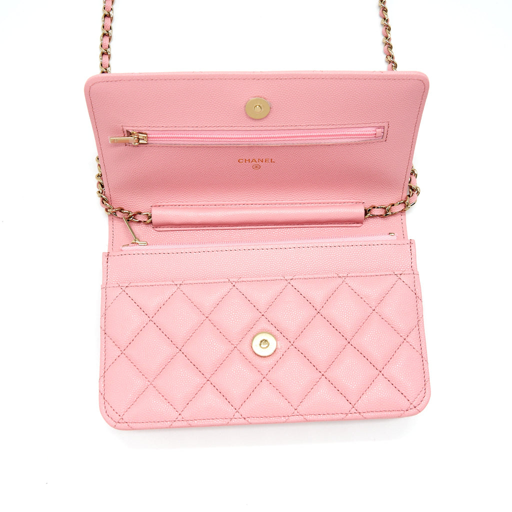 CHANEL 22C CLASSIC WALLET ON CHAIN CAVIAR PINK LGHW (MICROCHIP)