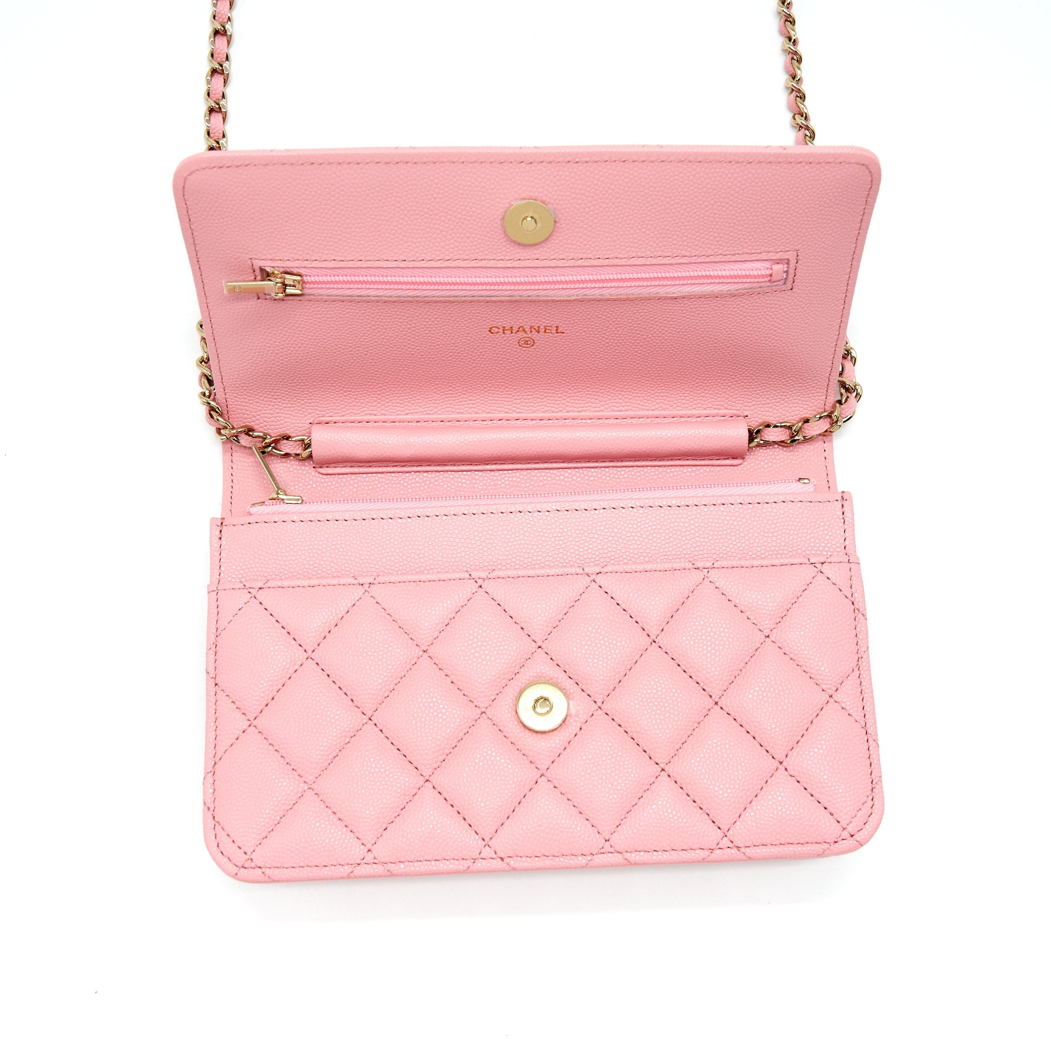 CHANEL 22C CLASSIC WALLET ON CHAIN CAVIAR PINK LGHW (MICROCHIP)