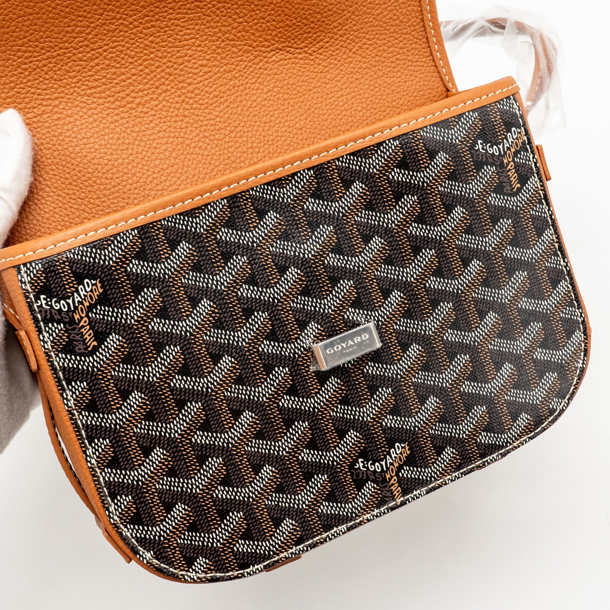 GOYARD BELVEDERE PM MESSENGER BAG GOYARDLINE CANVAS /CALFSKIN BLACK/TAN SHW