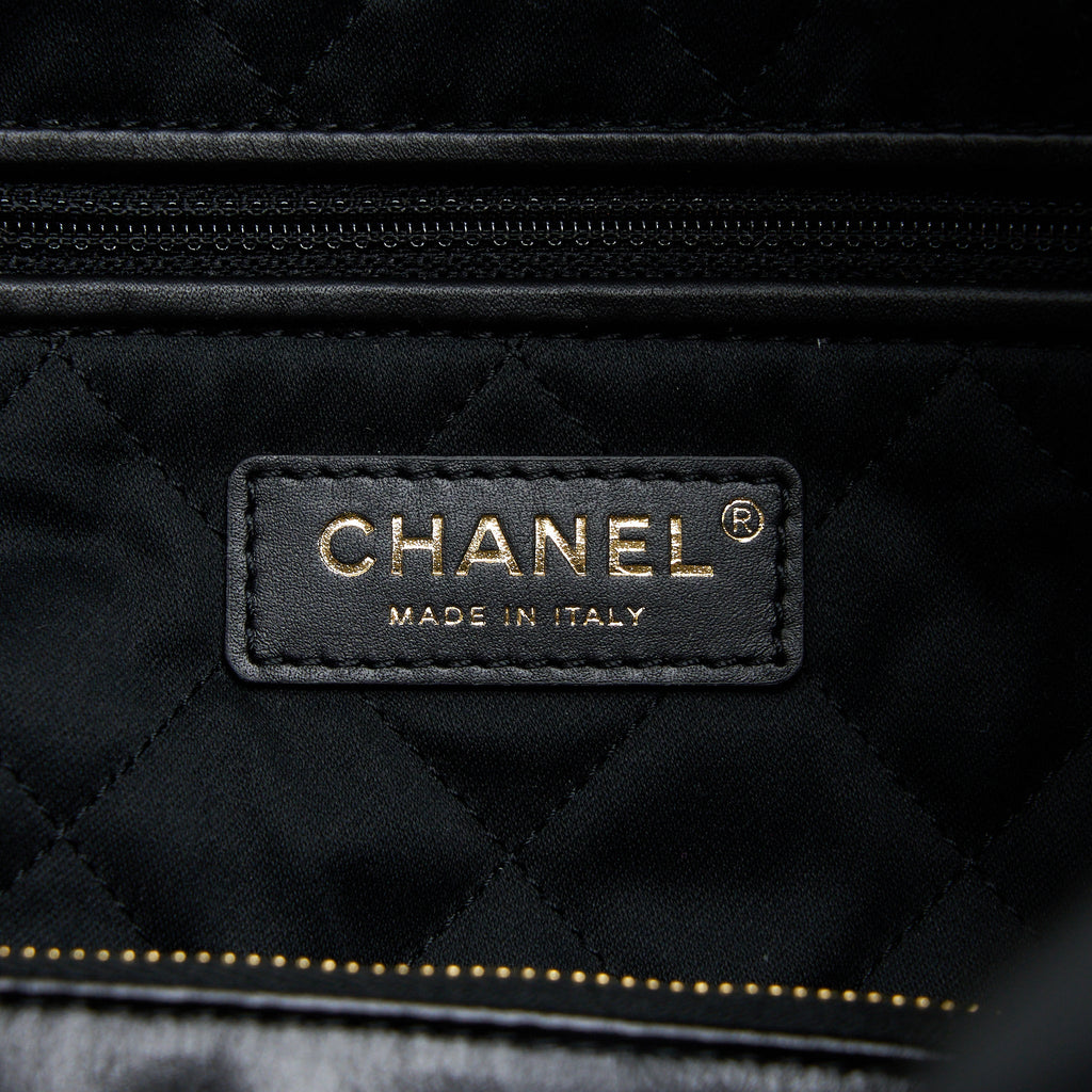 CHANEL SMALL 22 BAG GOLD LETTER SHINY CALFSKIN BLACK GHW (MICROCHIP)
