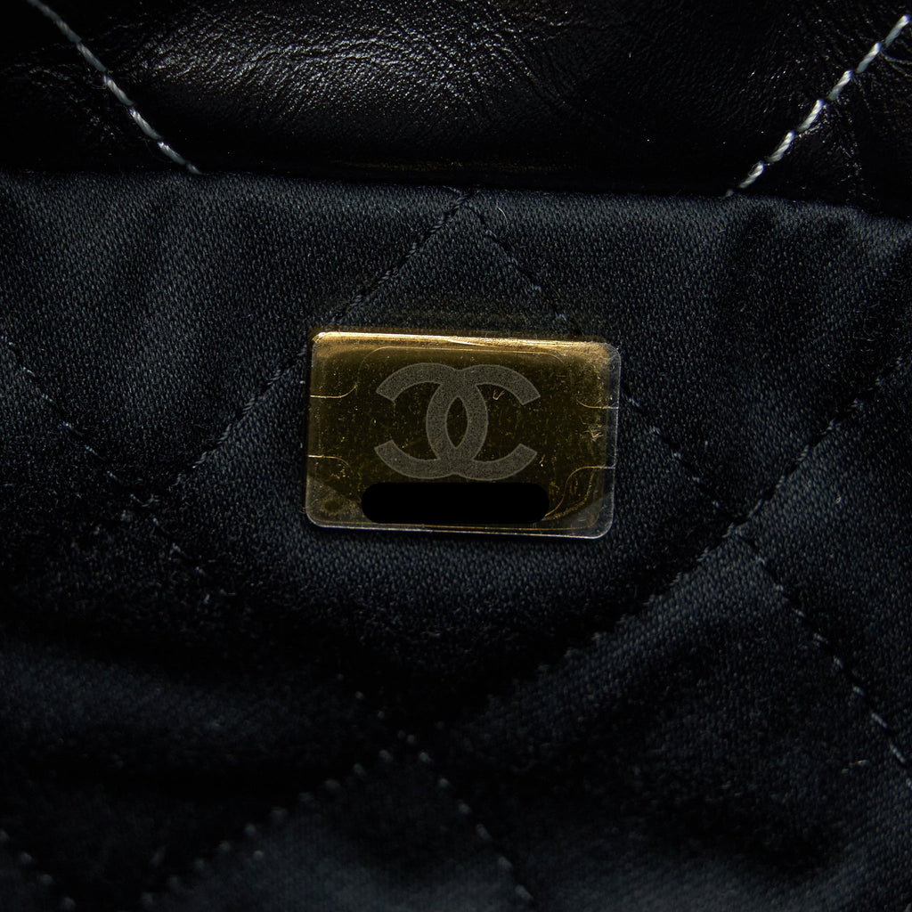 CHANEL SMALL 22 BAG GOLD LETTER SHINY CALFSKIN BLACK GHW (MICROCHIP)