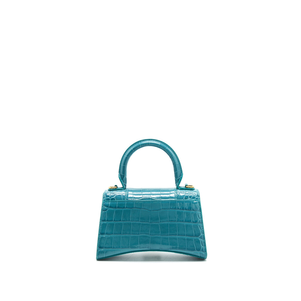 BALENCIAGA HOURGLASS XS CROC-EFFECT LEATHER BLUE