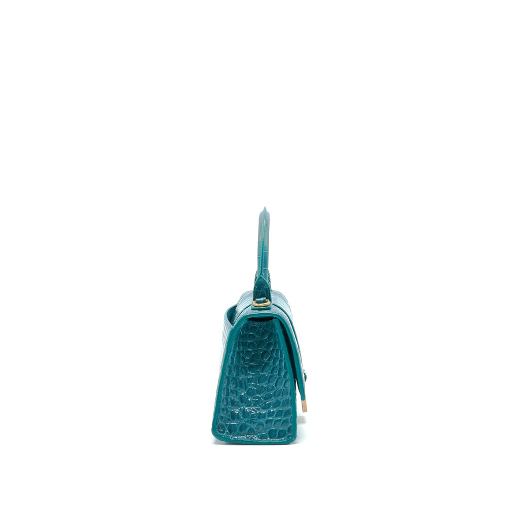 BALENCIAGA HOURGLASS XS CROC-EFFECT LEATHER BLUE