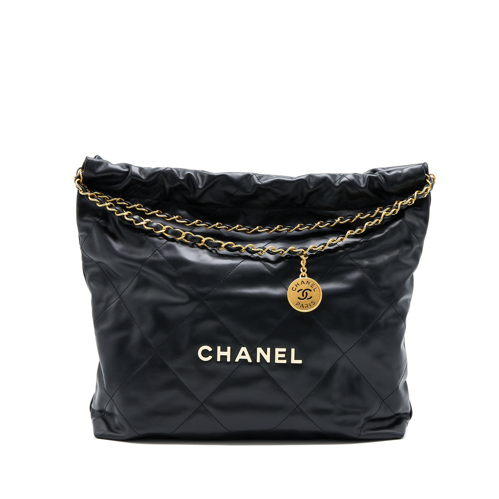 CHANEL 22 BAG MEDIUM SHINY CALFSKIN BLACK GHW (MICROCHIP)