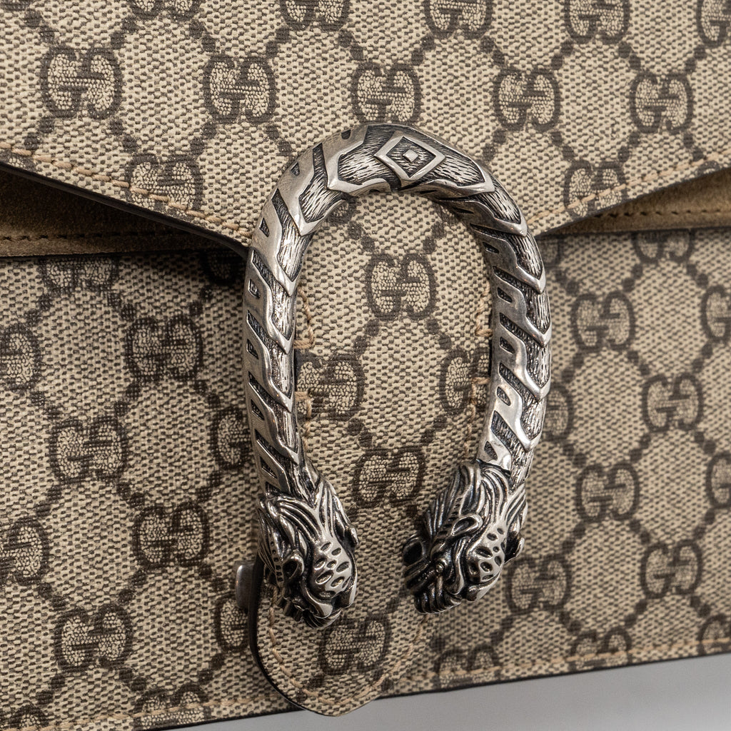 GUCCI DIONYSUS GG SMALL SUPREME CANVAS/TAUPE SUEDE BEIGE SHW