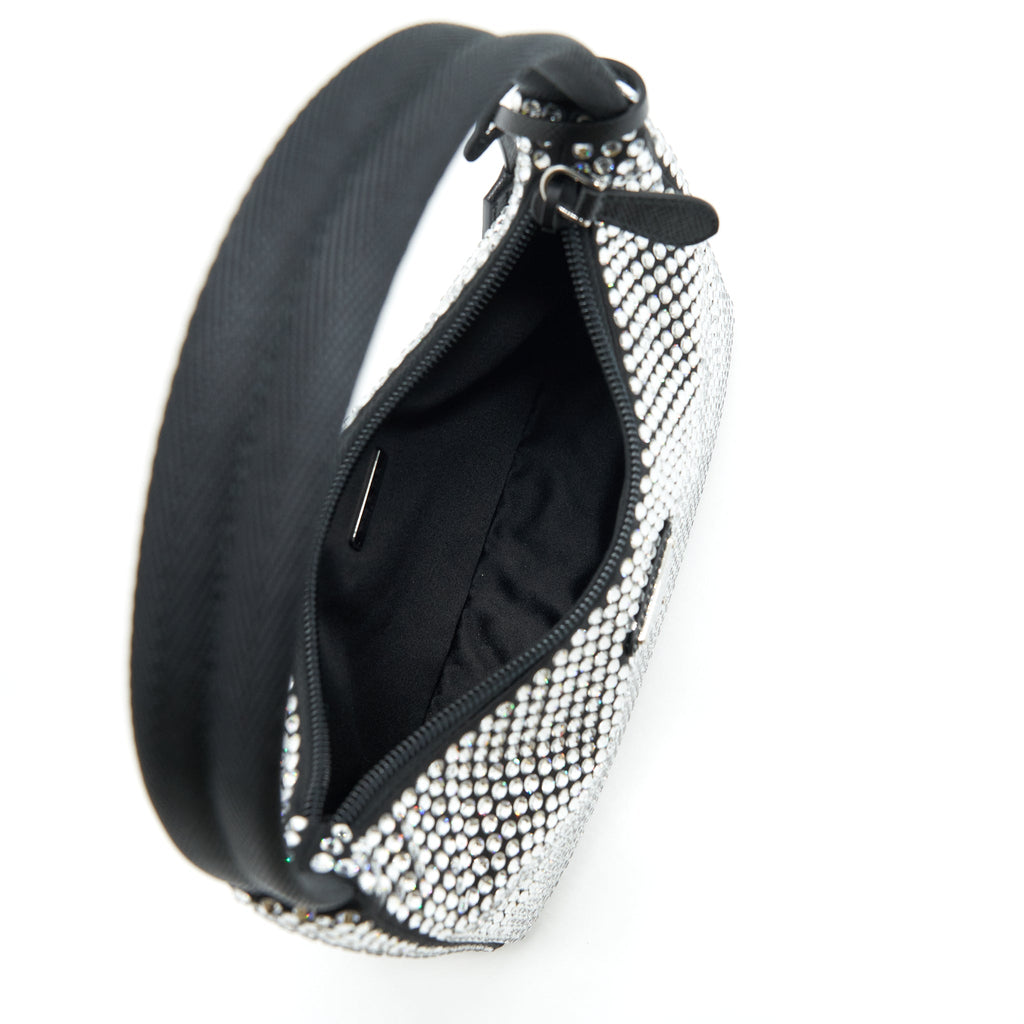 PRADA RE-EDITION 2000 CRYSTAL HOBO BAG NYLON/LEATHER BLACK SHW