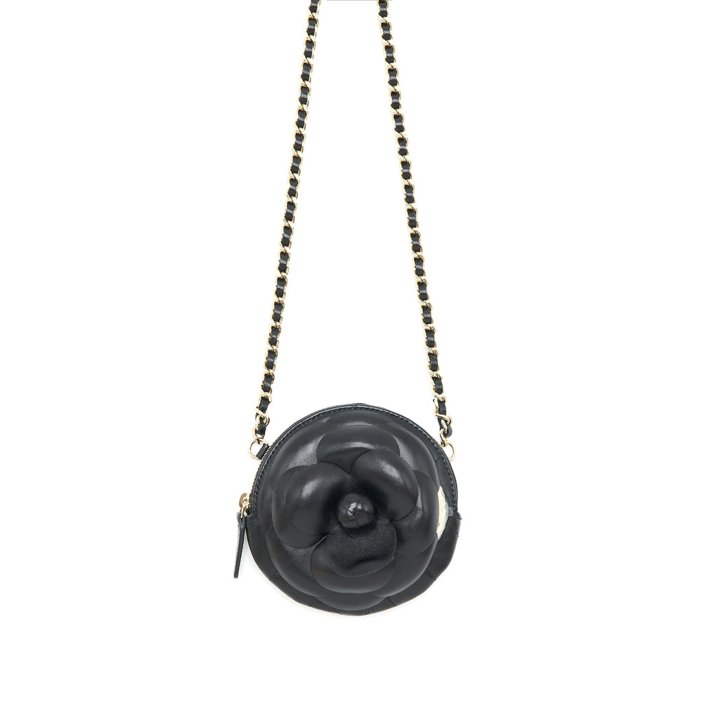 CHANEL MINI ROUND CAMELLIA ZIPPY WALLET WITH CHAIN LAMBSKIN BLACK GHW