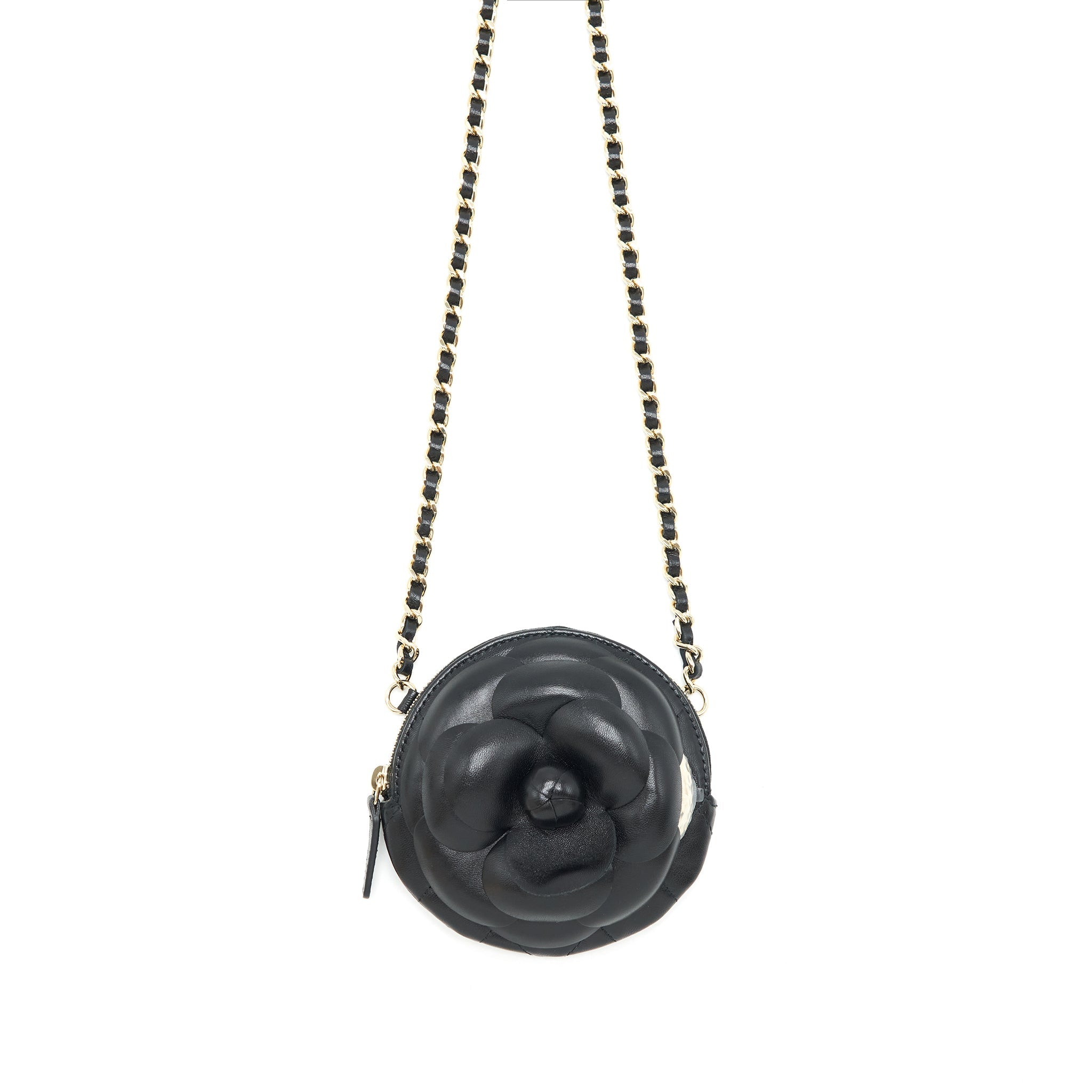 CHANEL MINI ROUND CAMELLIA ZIPPY WALLET WITH CHAIN LAMBSKIN BLACK GHW