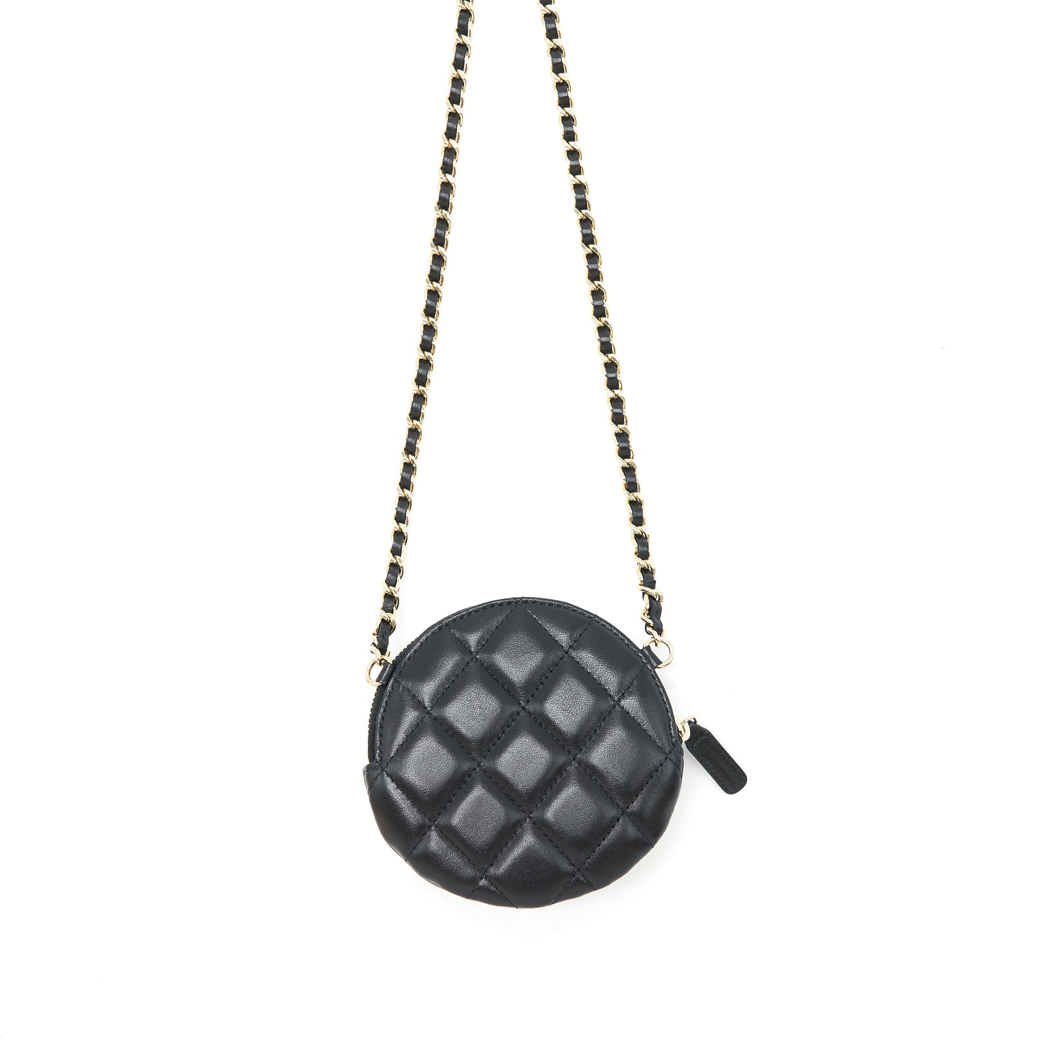 CHANEL MINI ROUND CAMELLIA ZIPPY WALLET WITH CHAIN LAMBSKIN BLACK GHW
