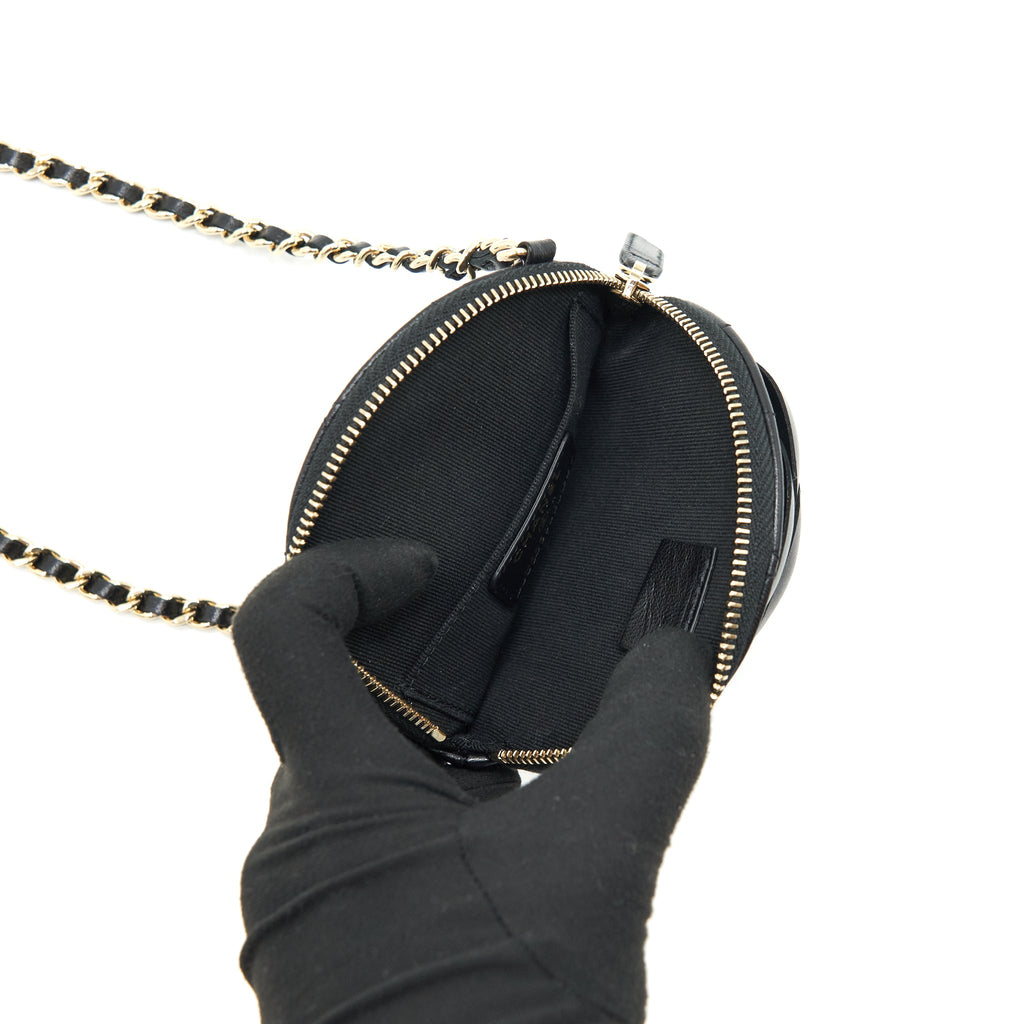 CHANEL MINI ROUND CAMELLIA ZIPPY WALLET WITH CHAIN LAMBSKIN BLACK GHW