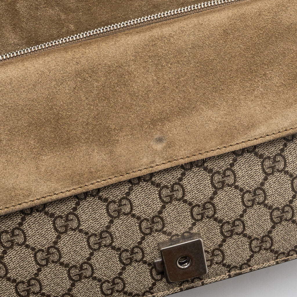 GUCCI DIONYSUS GG SMALL SUPREME CANVAS/TAUPE SUEDE BEIGE SHW
