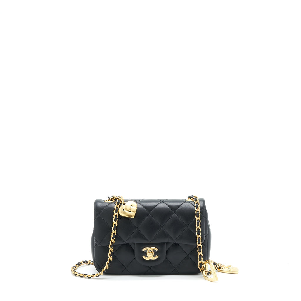 CHANEL SEASONAL MINI RECTANGULAR FLAP BAG HEART CHARM CHAIN LAMBSKIN BLACK GHW (MICROCHIP)