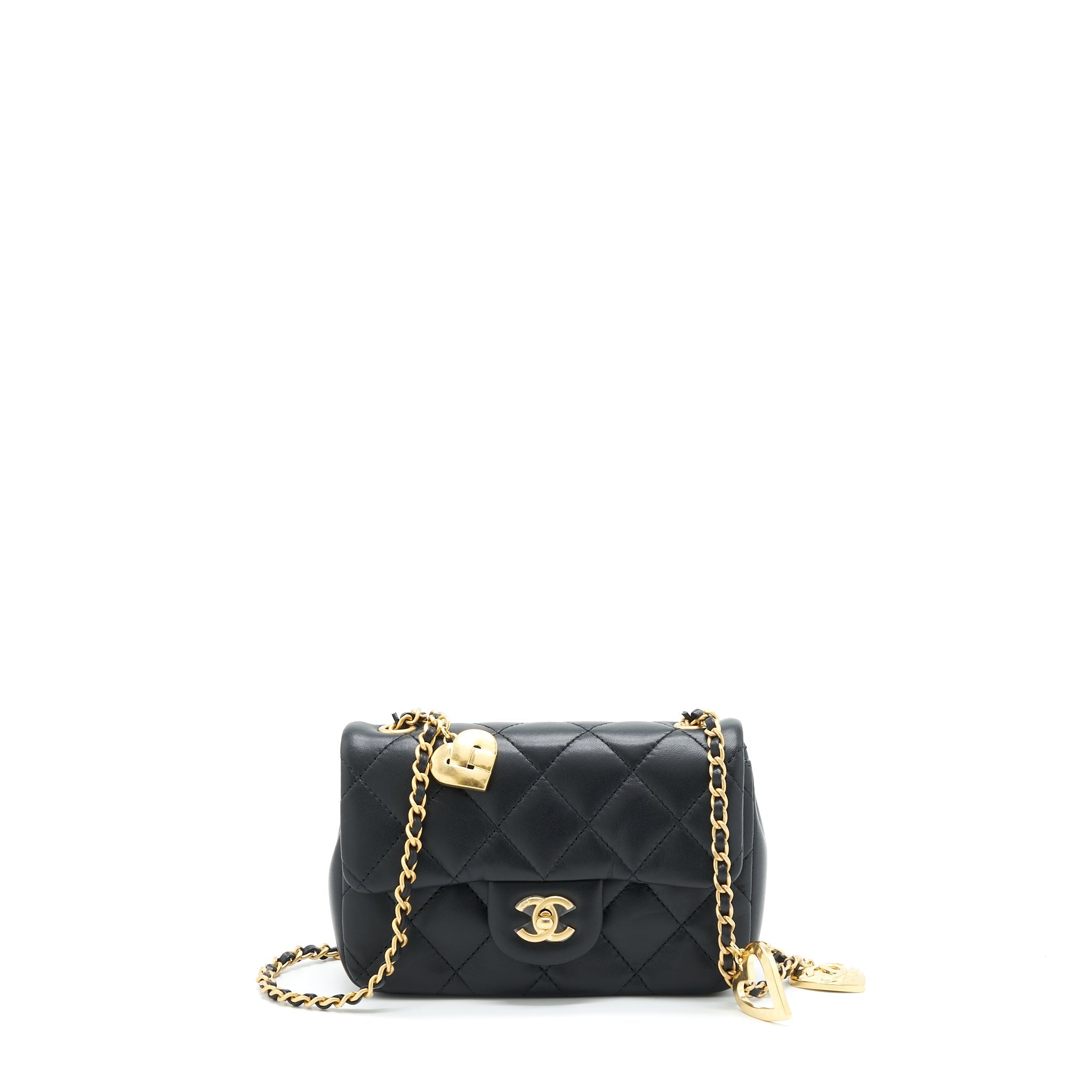 CHANEL SEASONAL MINI RECTANGULAR FLAP BAG HEART CHARM CHAIN LAMBSKIN BLACK GHW (MICROCHIP)