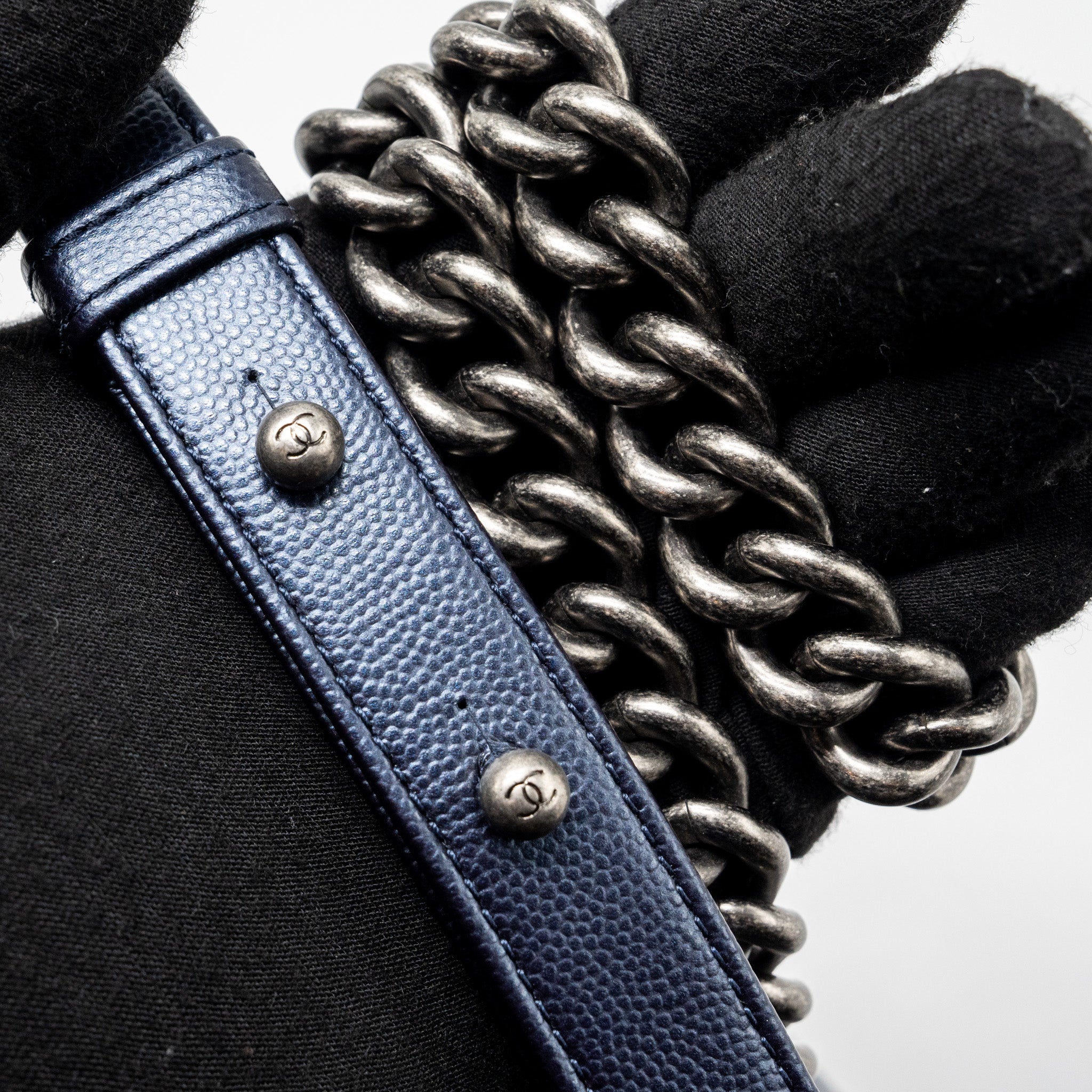 CHANEL MEDIUM BOY BAG CAVIAR METALLIC BLUE RUTHENIUM HARDWARE