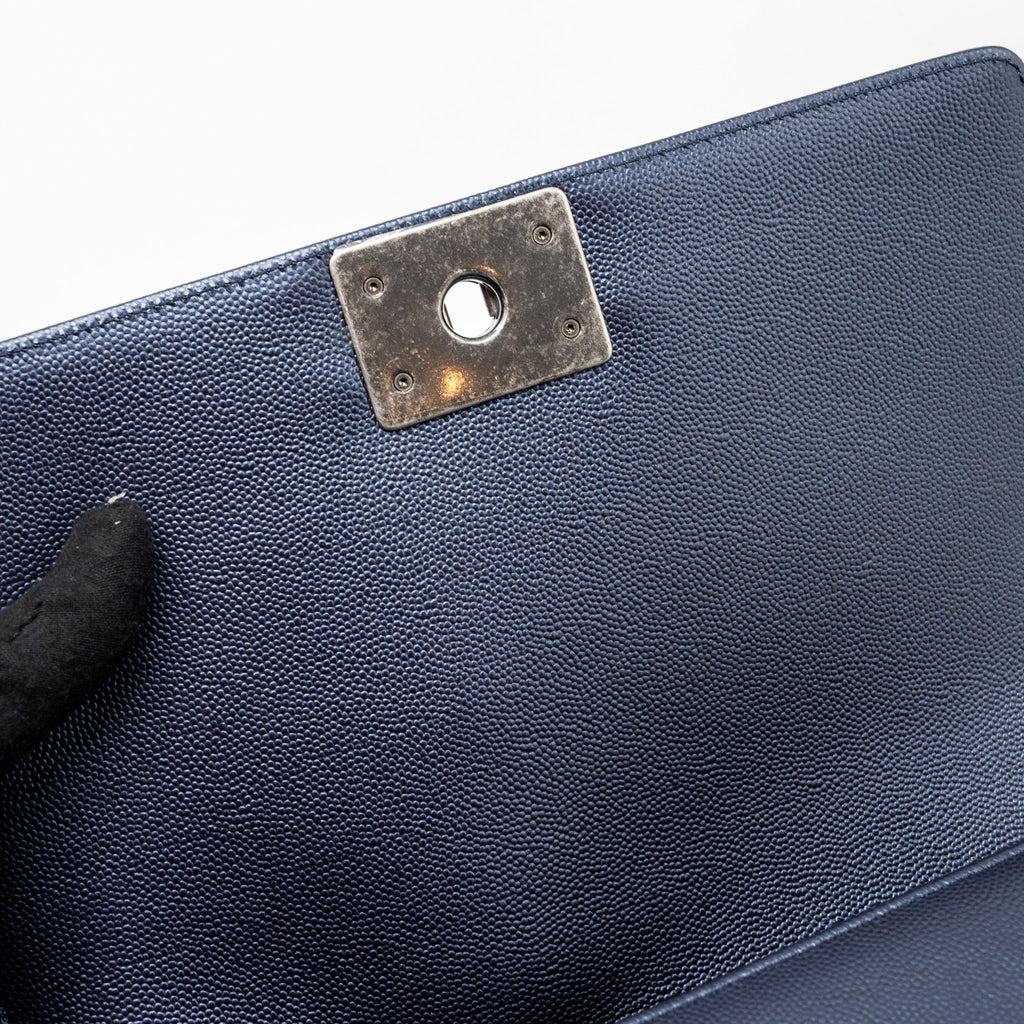 CHANEL MEDIUM BOY BAG CAVIAR METALLIC BLUE RUTHENIUM HARDWARE