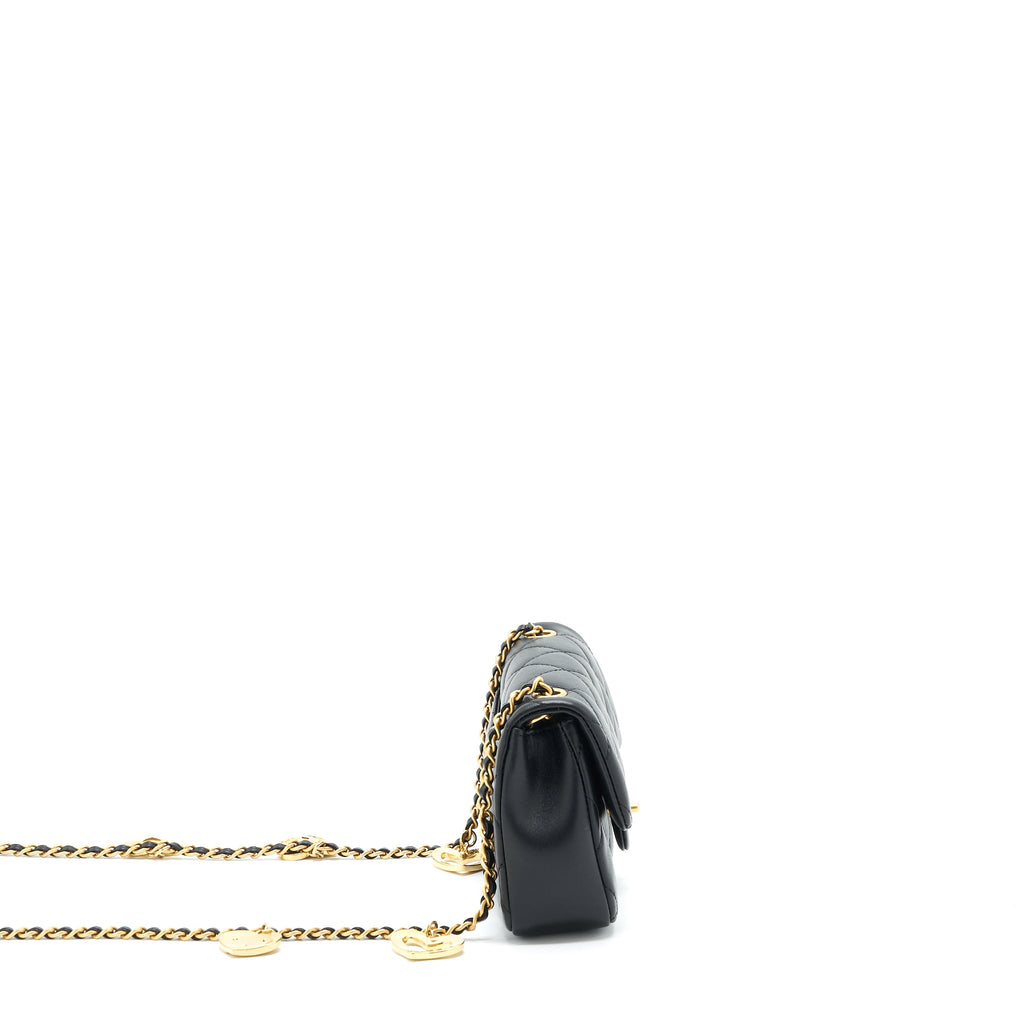 CHANEL SEASONAL MINI RECTANGULAR FLAP BAG HEART CHARM CHAIN LAMBSKIN BLACK GHW (MICROCHIP)