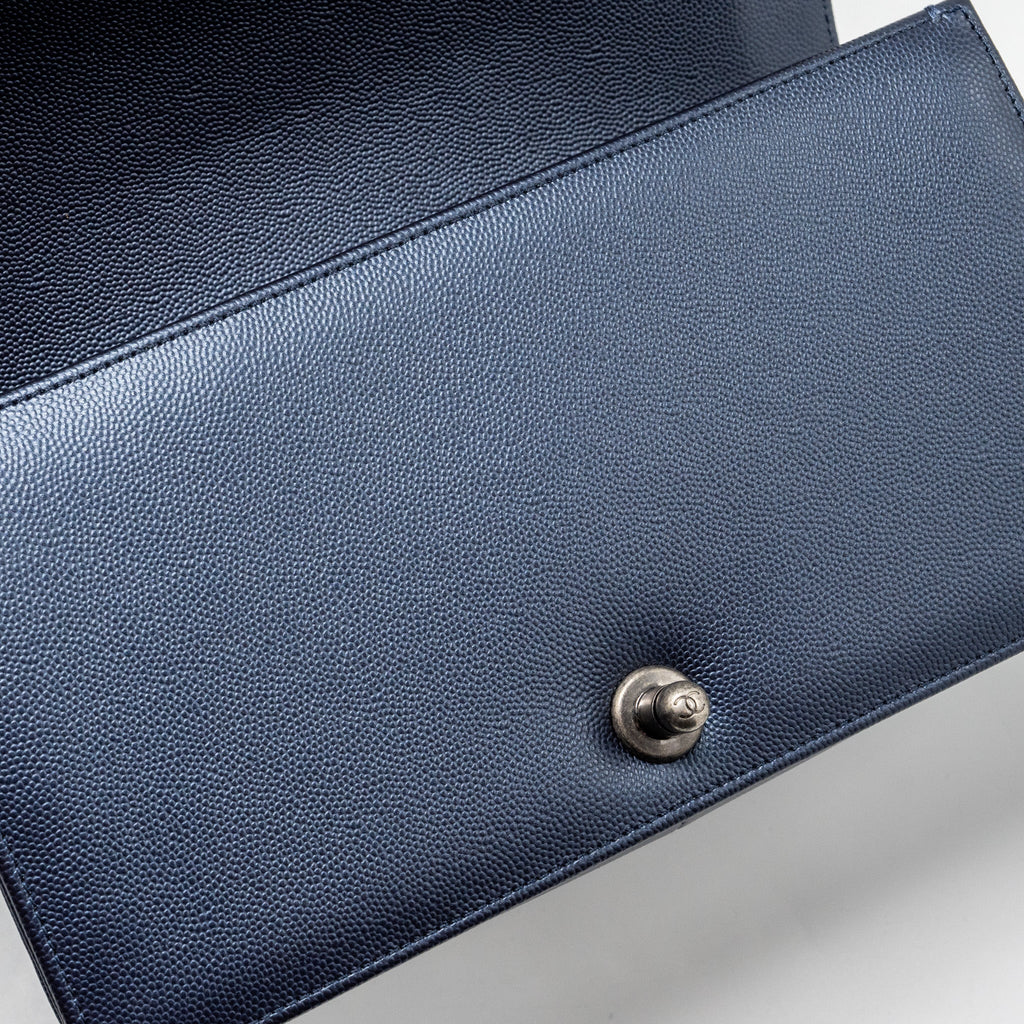 CHANEL MEDIUM BOY BAG CAVIAR METALLIC BLUE RUTHENIUM HARDWARE