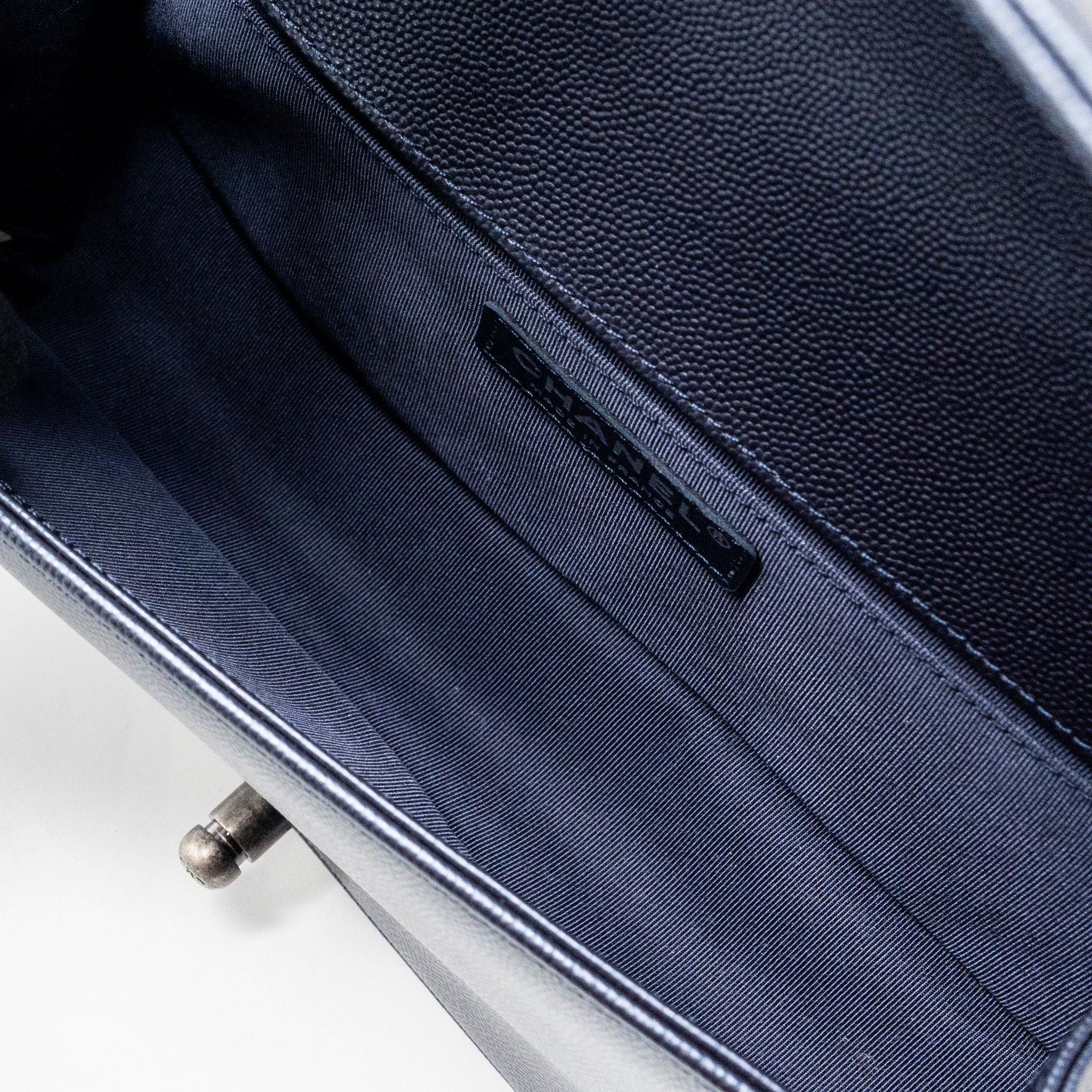 CHANEL MEDIUM BOY BAG CAVIAR METALLIC BLUE RUTHENIUM HARDWARE