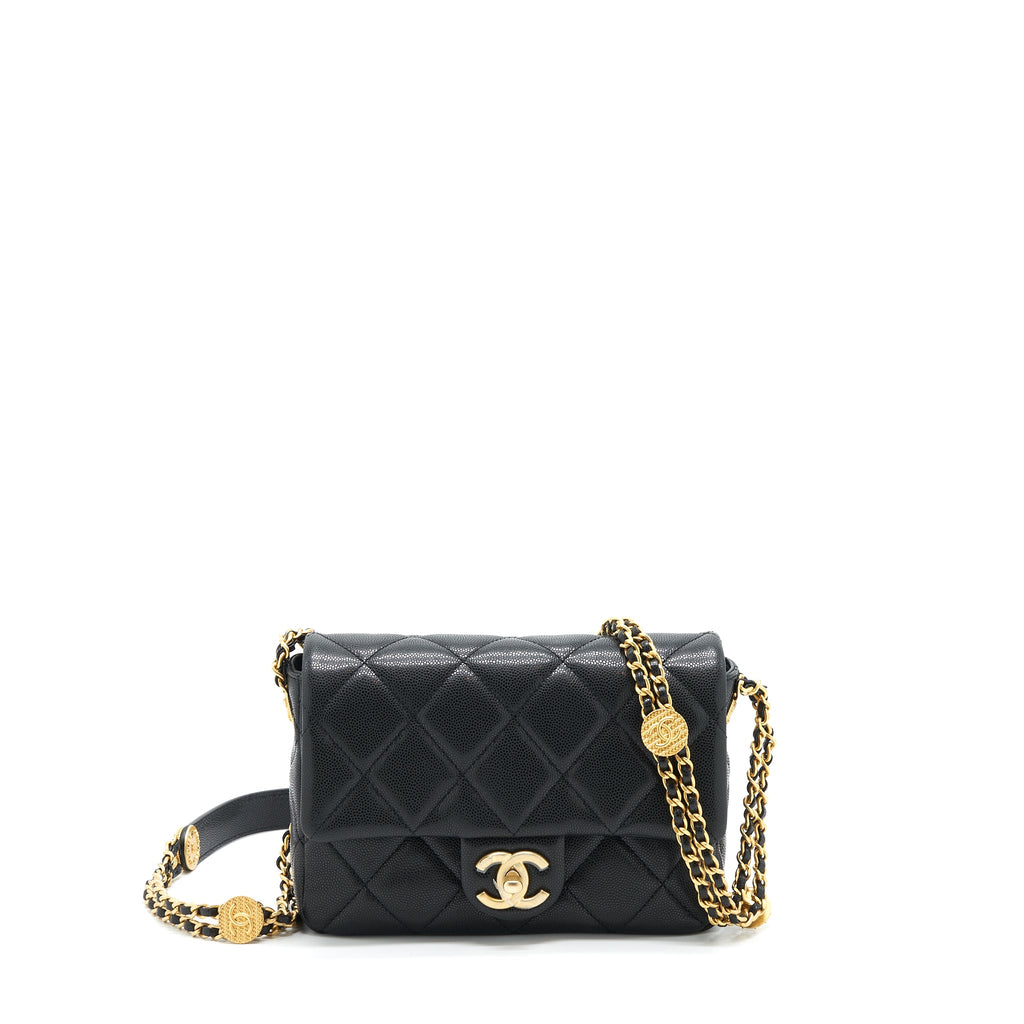 CHANEL 22A SMALL FLAP BAG WITH BUTTON ON CHAINS CAVIAR BLACK BRUSHED GHW