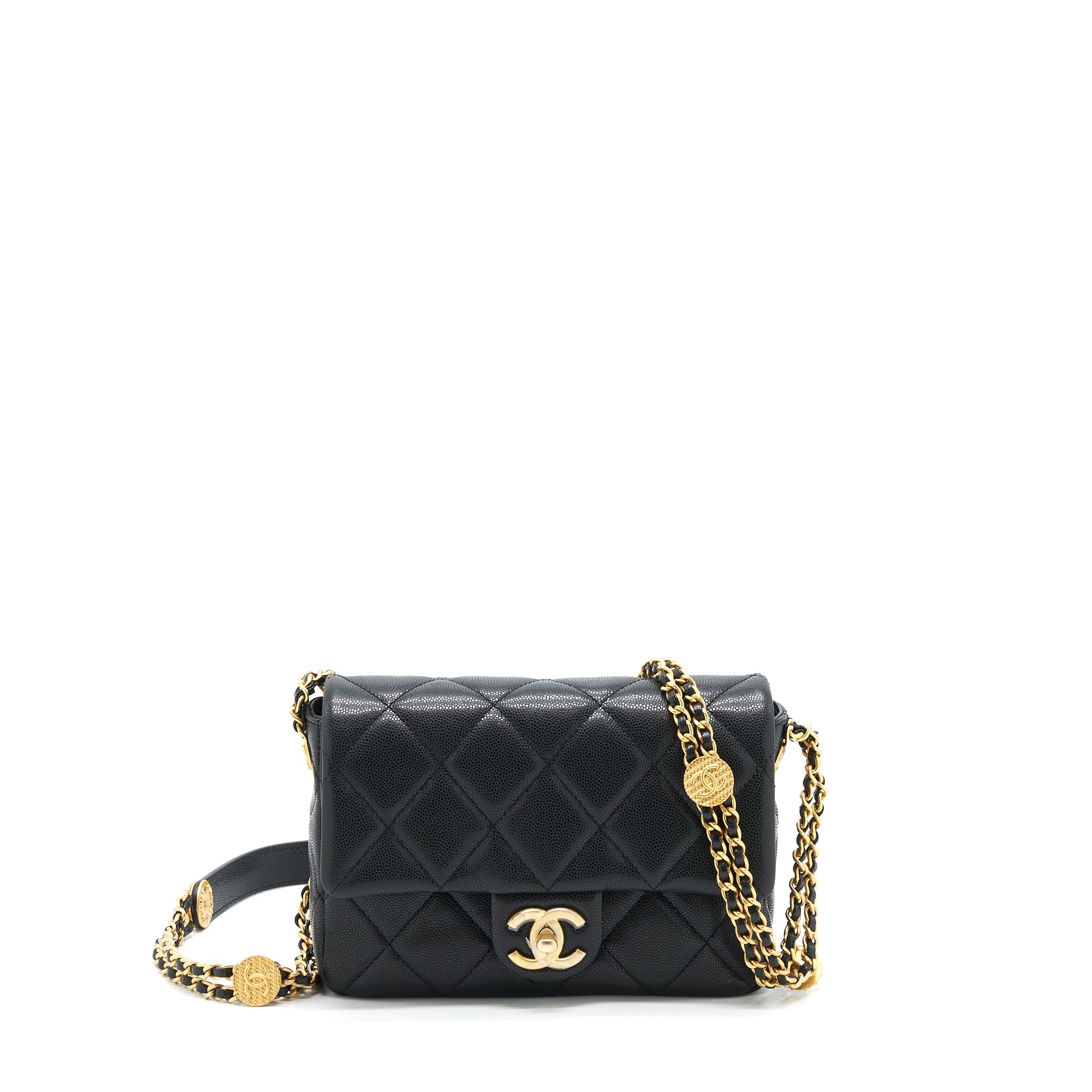 CHANEL 22A SMALL FLAP BAG WITH BUTTON ON CHAINS CAVIAR BLACK BRUSHED GHW