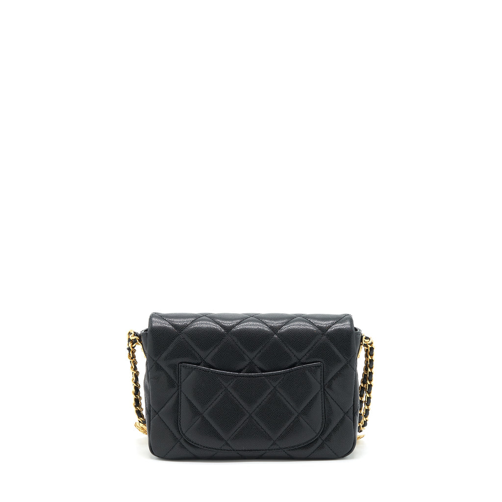 CHANEL 22A SMALL FLAP BAG WITH BUTTON ON CHAINS CAVIAR BLACK BRUSHED GHW