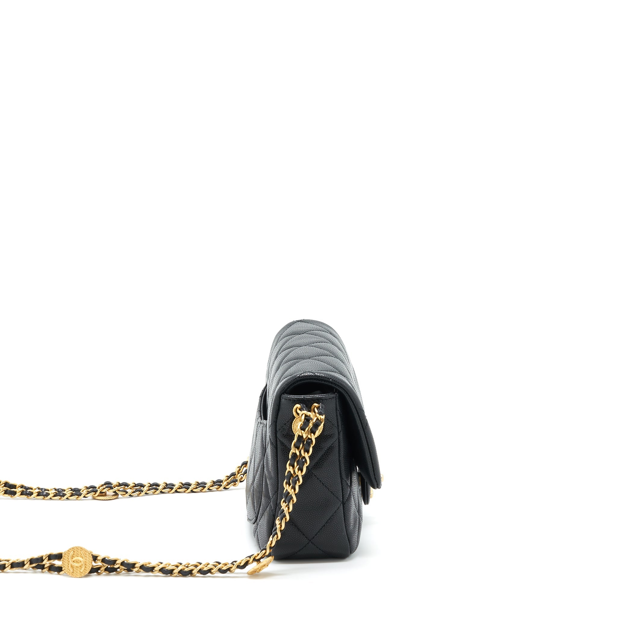CHANEL 22A SMALL FLAP BAG WITH BUTTON ON CHAINS CAVIAR BLACK BRUSHED GHW