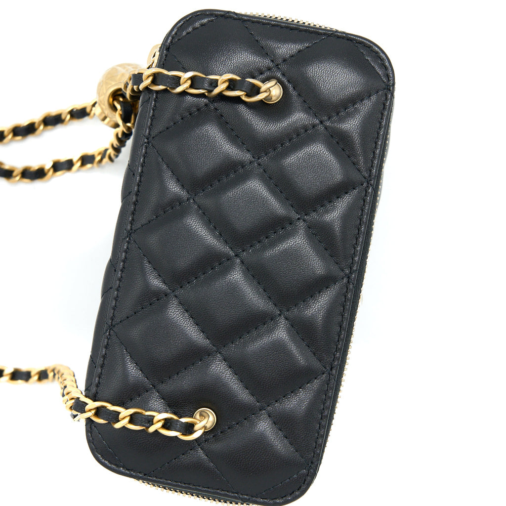 CHANEL 22A PEARL CRUSH LONG VANITY WITH CHAIN LAMBSKIN BLACK BRUSHED GHW (MICROCHIP)