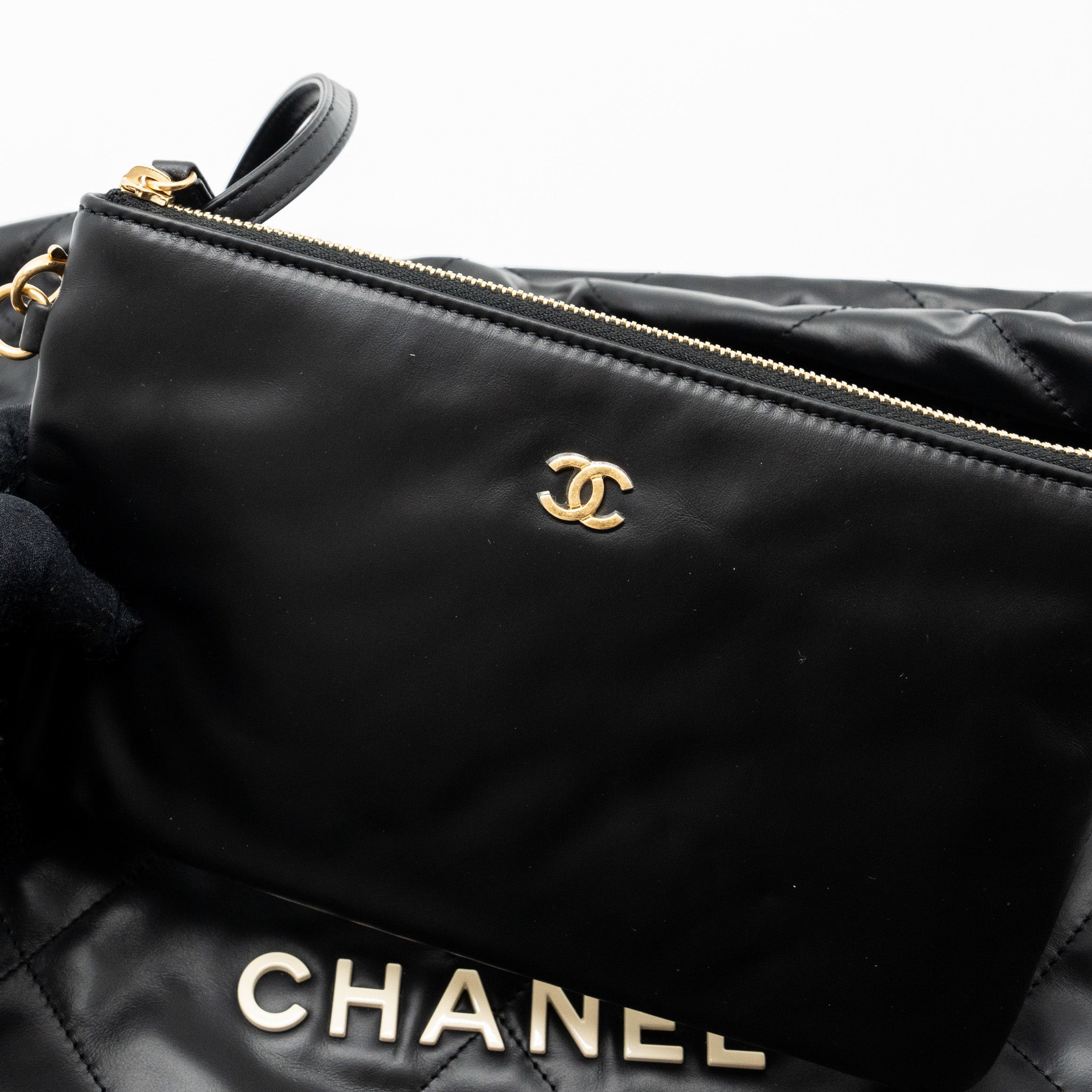 CHANEL SMALL 22 BAG CALFSKIN BLACK / WHITE LETTER GHW (MICROCHIP)