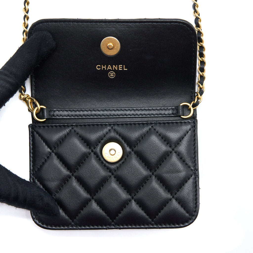 CHANEL PEARL CRUSH MINI FLAP BELT BAG LAMBSKIN BLACK BRUSHED GHW