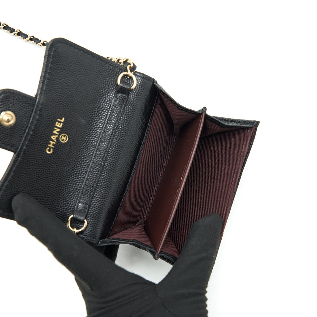 CHANEL CLASSIC CARD HOLDER WITH CHAIN CAVIAR BLACK LGHW