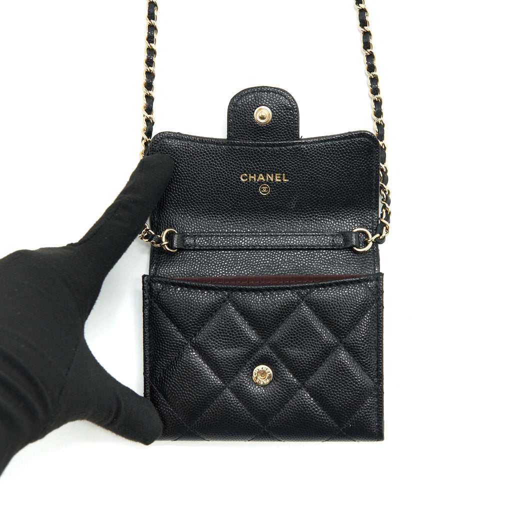 CHANEL CLASSIC CARD HOLDER WITH CHAIN CAVIAR BLACK LGHW