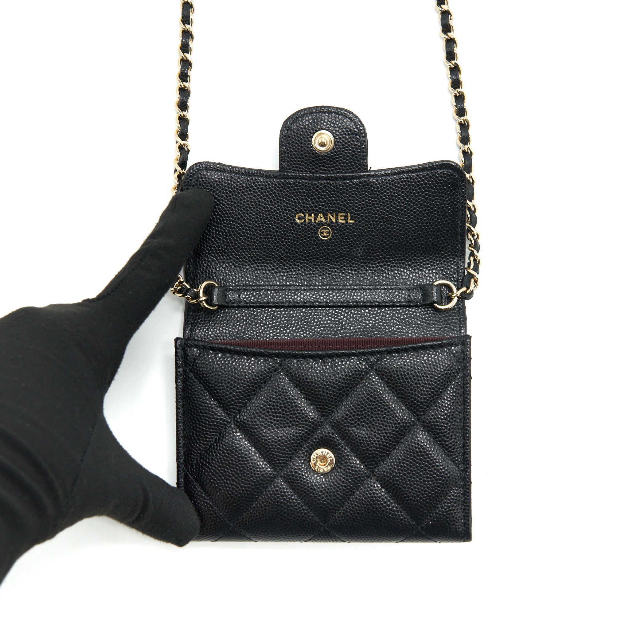 CHANEL CLASSIC CARD HOLDER WITH CHAIN CAVIAR BLACK LGHW