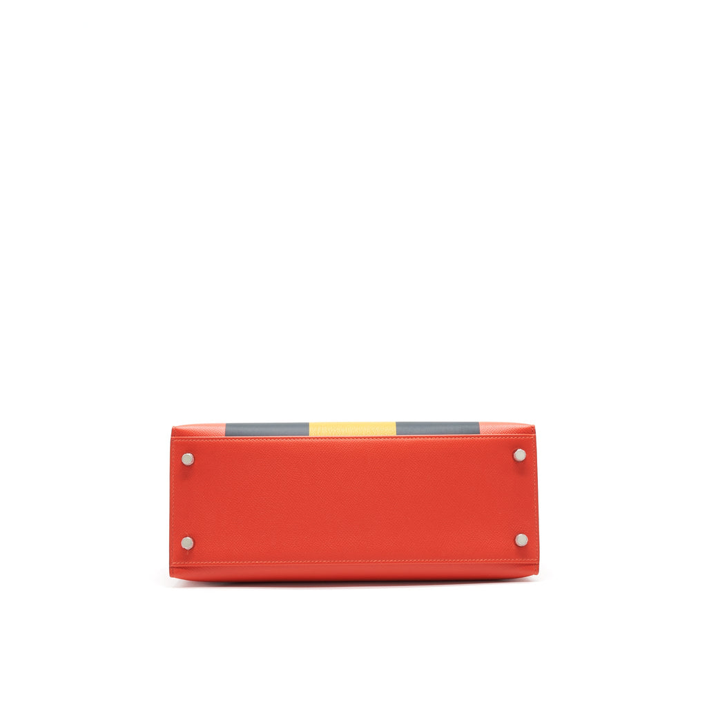 HERMES KELLY LETTER M BAG SELLIER 28 EPSOM/ SOMBRERO/ MYSORE IN CAPUCINE/ BLEU OBSCUR/ AMBRE