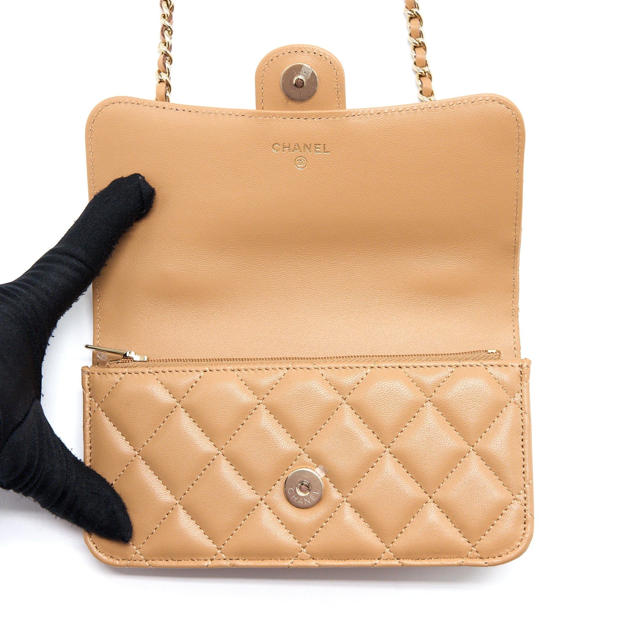 CHANEL TOP HANDLE MINI FLAP BAG WITH CHAIN LAMBSKIN CARAMEL LGHW (MICROCHIP)