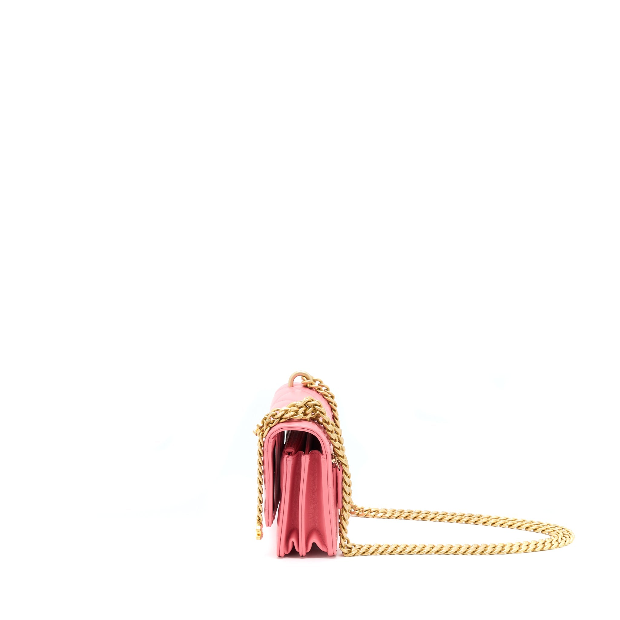 CHANEL 22P SEASONAL MINI SQUARE WALLET ON CHAIN LAMBSKIN PINK GHW