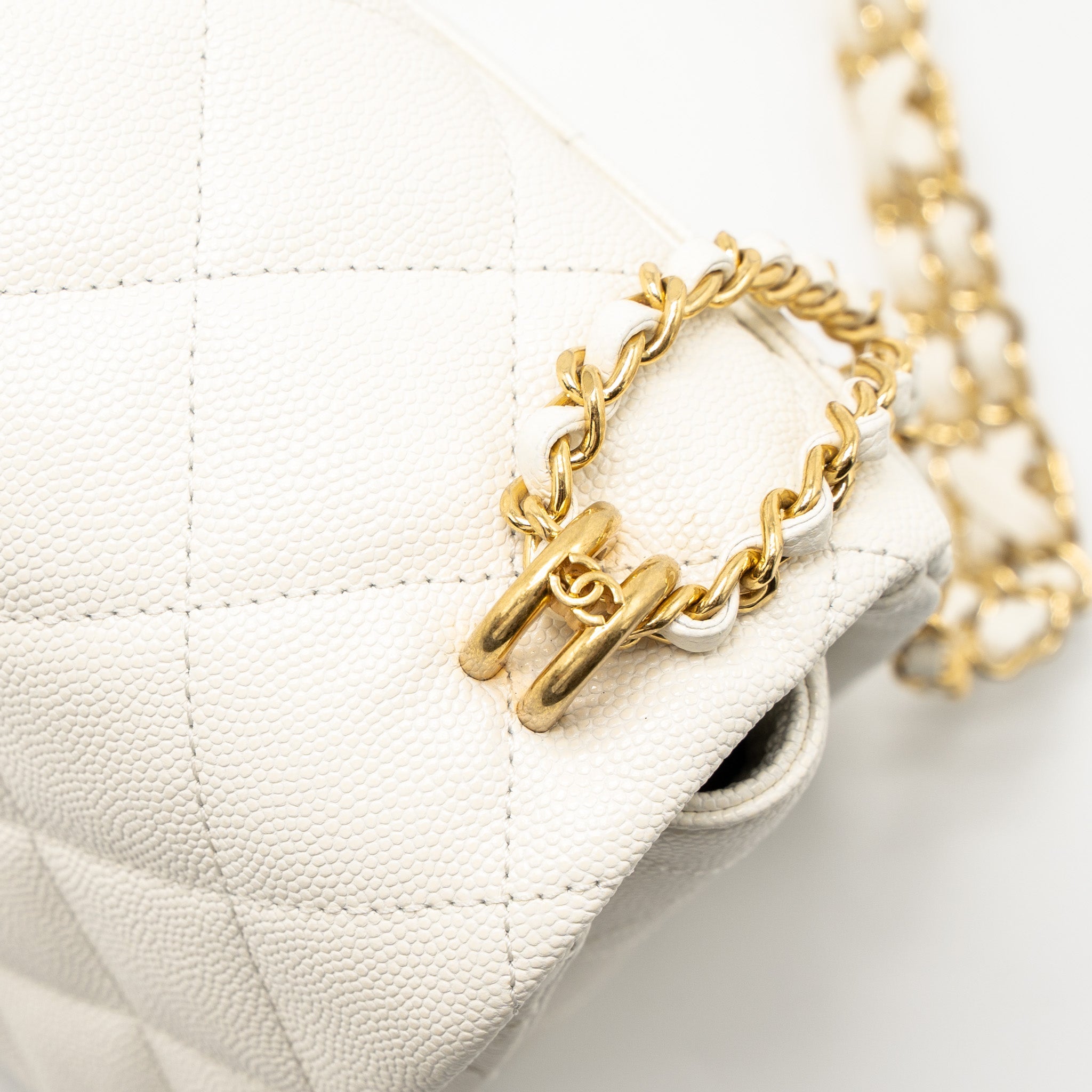 CHANEL 21K COCO FIRST CAVIAR WHITE BRUSHED GHW (MICROCHIP)