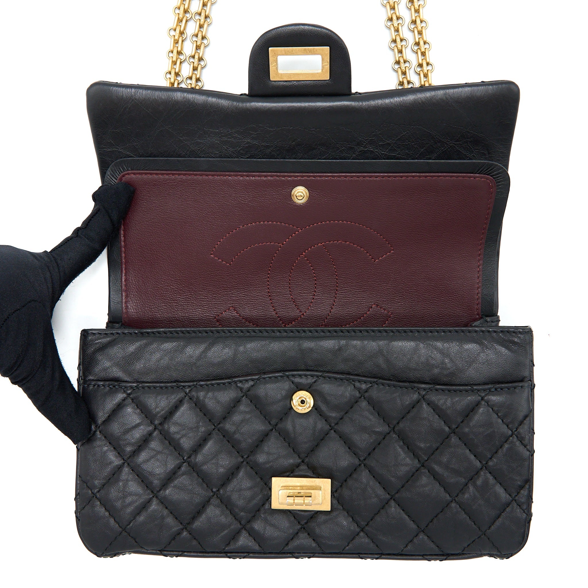 CHANEL SMALL 2.55 REISSUE FLAP BAG AGED CALFSKIN BLACK GHW