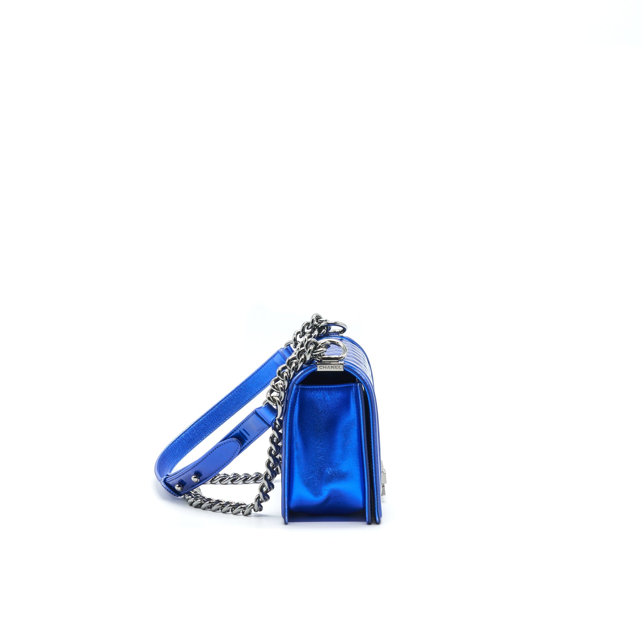CHANEL MEDIUM LE BOY BAG IN METALLIC BLUE SHW