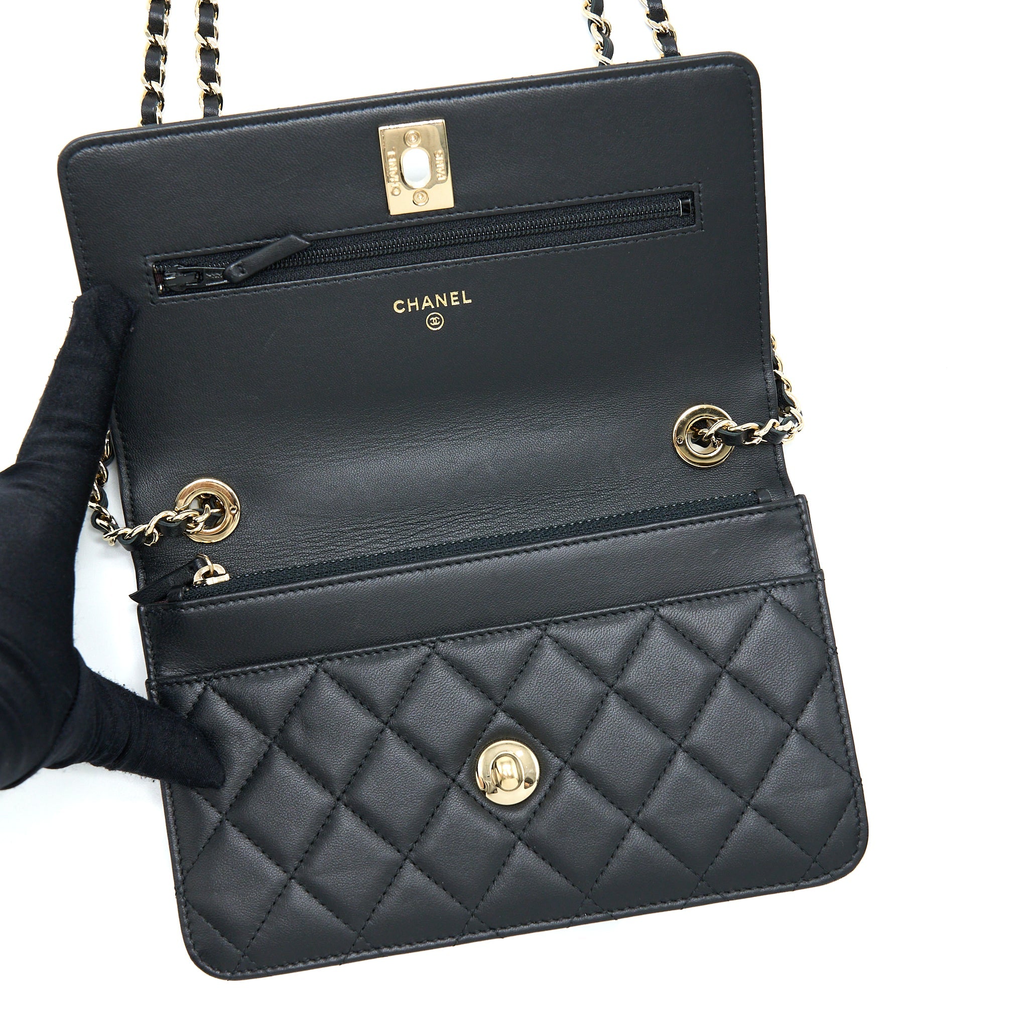 CHANEL TRENDY CC WALLET ON CHAIN LAMBSKIN BLACK GHW